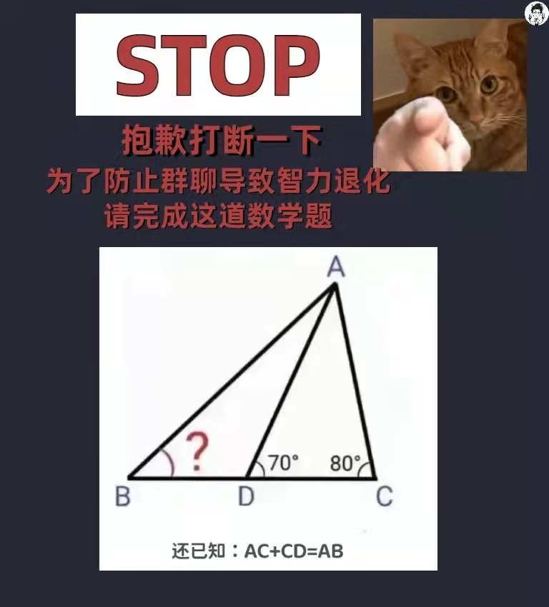 STOP 抱歉打断一下为了防止群聊导致智力退化请完成这道数学题70°80BD还已知:AC+CD=AB